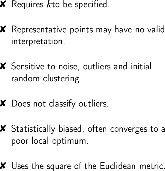 \begin{dinglist}{56}
\item Requires \( k \)to be specified.
\item Representative...
...oor local optimum.
\item Uses the square of the Euclidean metric.
\end{dinglist}
