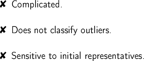 \begin{dinglist}{56}
\item Complicated.
\item Does not classify outliers.
\item Sensitive to initial representatives.
\end{dinglist}