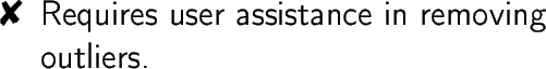 \begin{dinglist}{56}
\item Requires user assistance in removing outliers.
\end{dinglist}